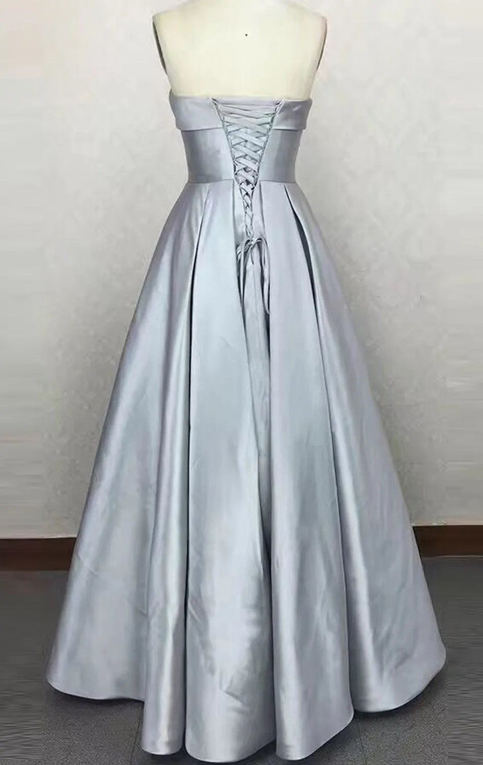 MACloth Strapless Satin Red Prom Dress Silver Wedding Party Formal Gown