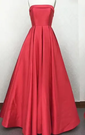 MACloth Strapless Satin Red Prom Dress Silver Wedding Party Formal Gown