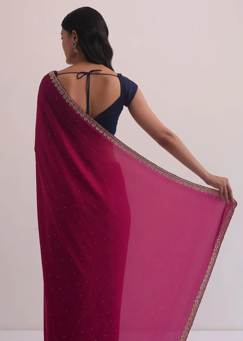 Magenta Satin Saree With Embellished Scallop Border