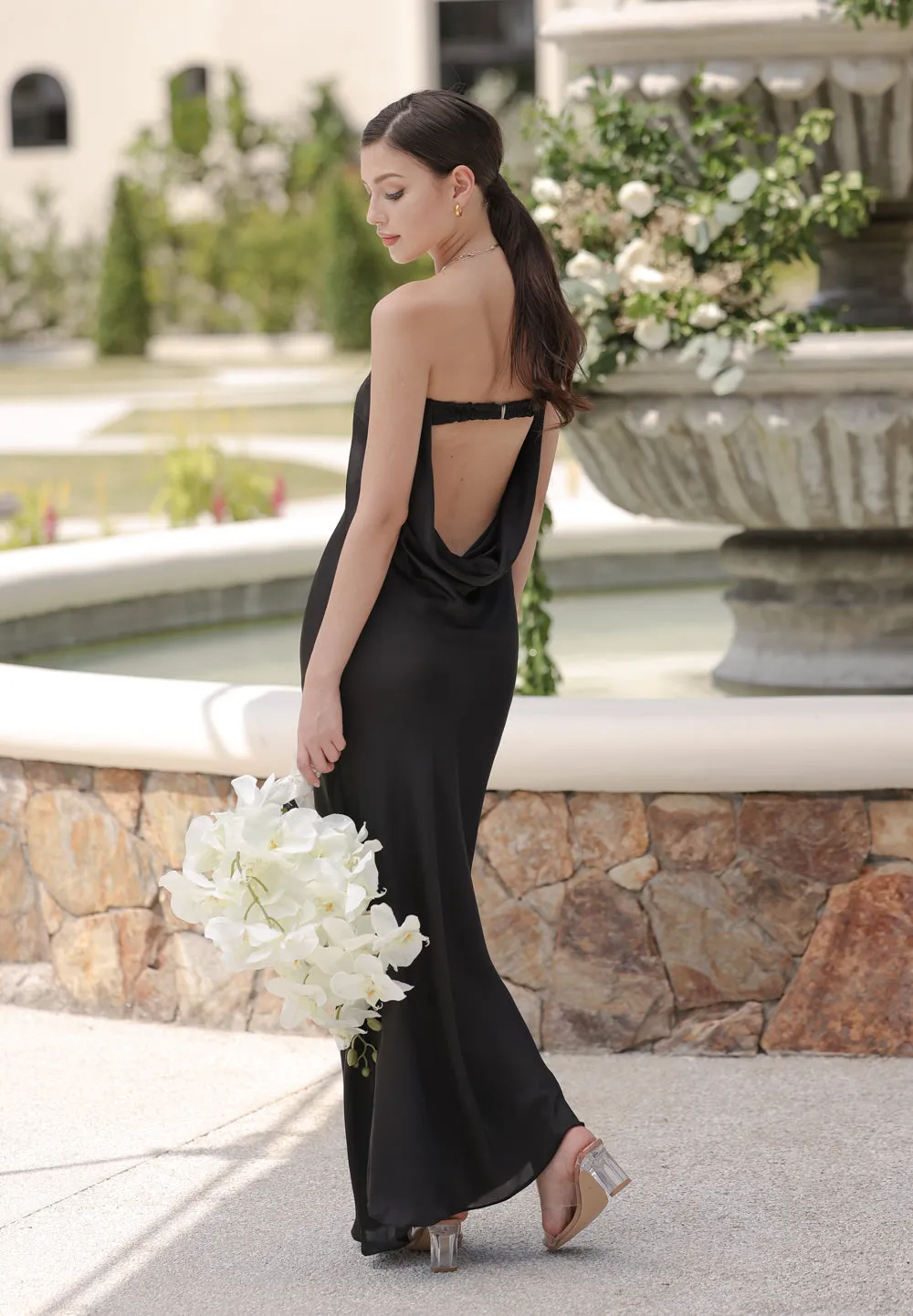 MERCEDES Cowl Neck Open Back Maxi Dress (Black SC Silk)
