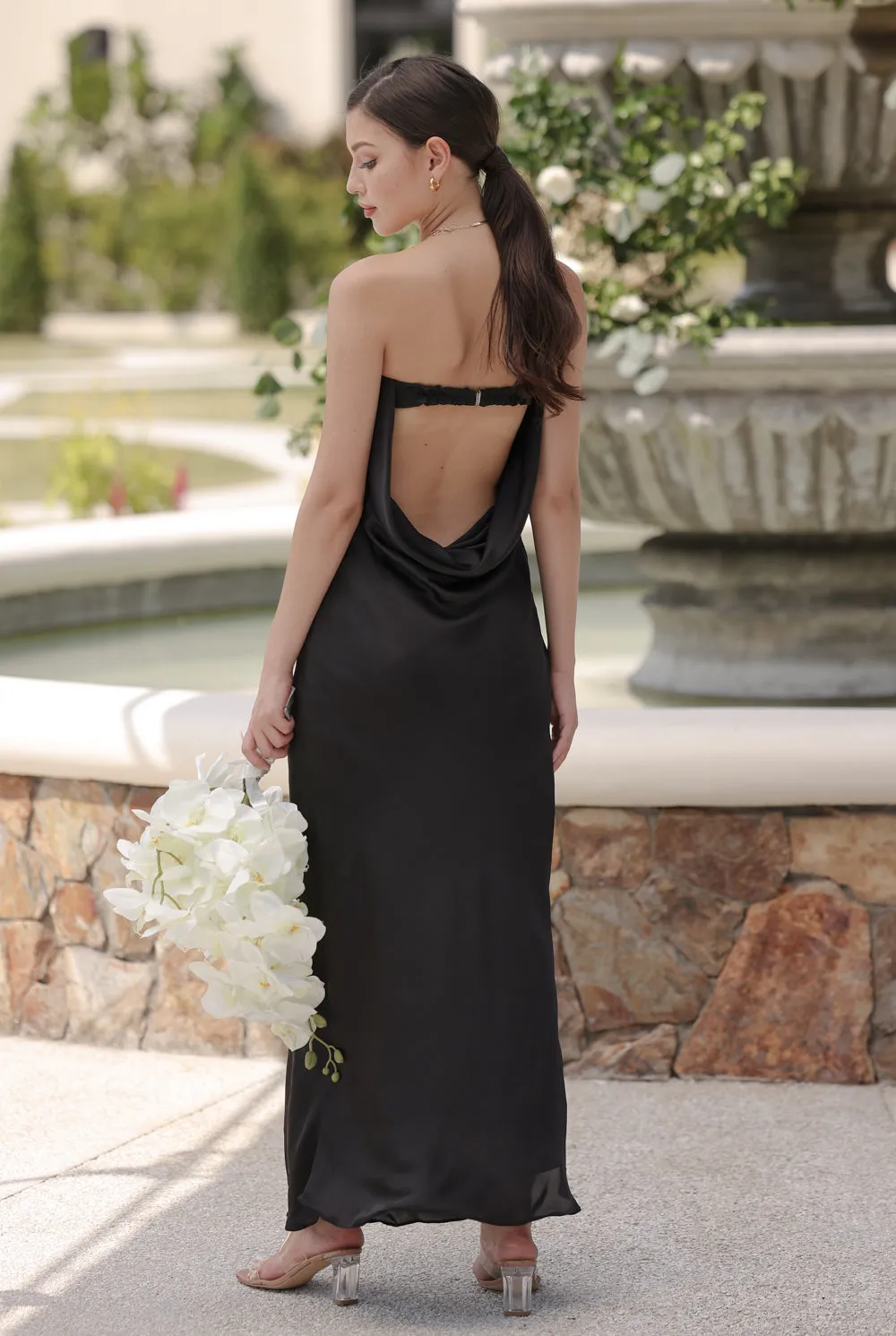 MERCEDES Cowl Neck Open Back Maxi Dress (Black SC Silk)