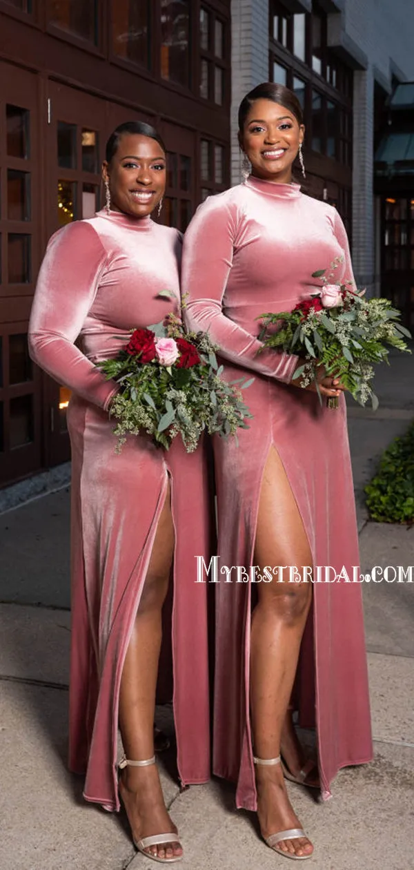 Mermaid Halter Long Sleeve Velvet Side Slit Long Bridesmaid Dresses, BDS0144