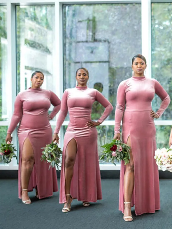 Mermaid Halter Long Sleeve Velvet Side Slit Long Bridesmaid Dresses, BDS0144