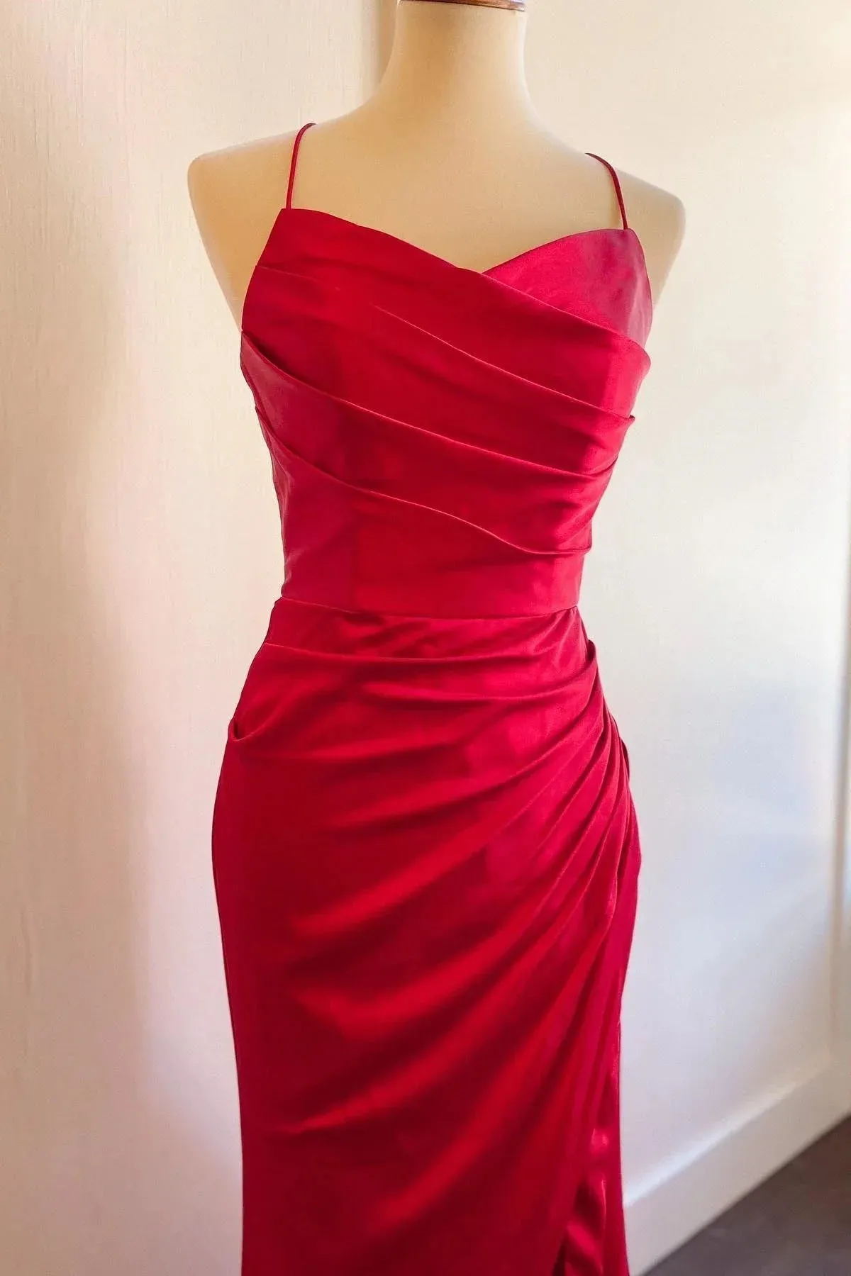 Mermaid Long Red Formal Dresses Ruched Satin for Wedding Guests