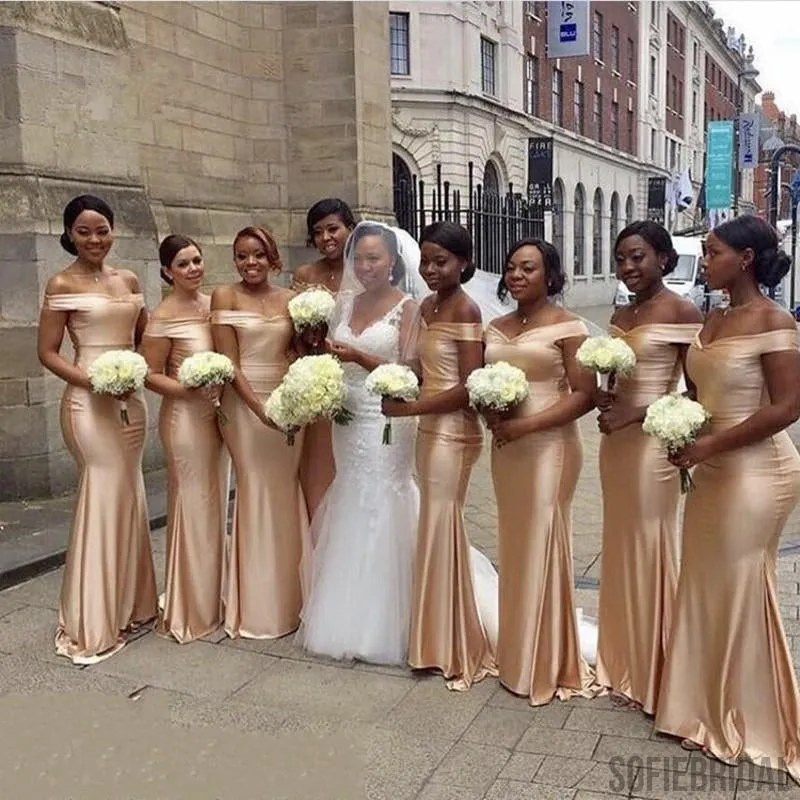 Mermaid Off-shoulder Simple Cheap Long Satin Bridesmaid Dresses, BD1029