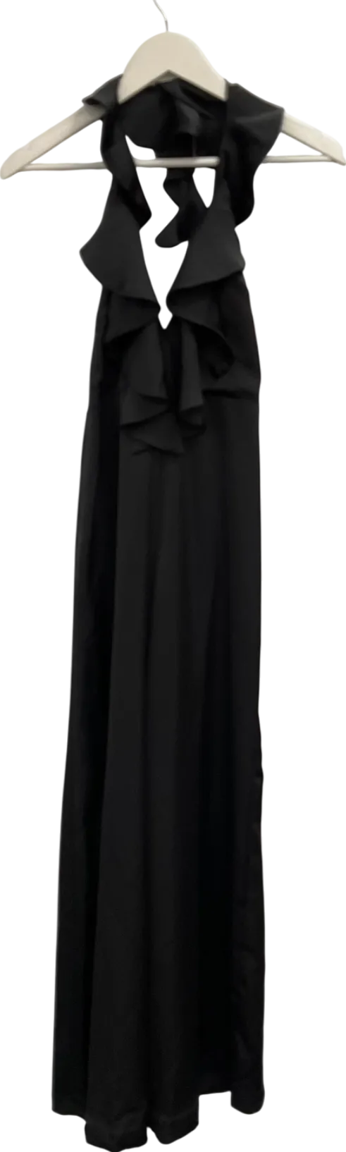 Misspap Black Premium Satin Frill Dress UK 8