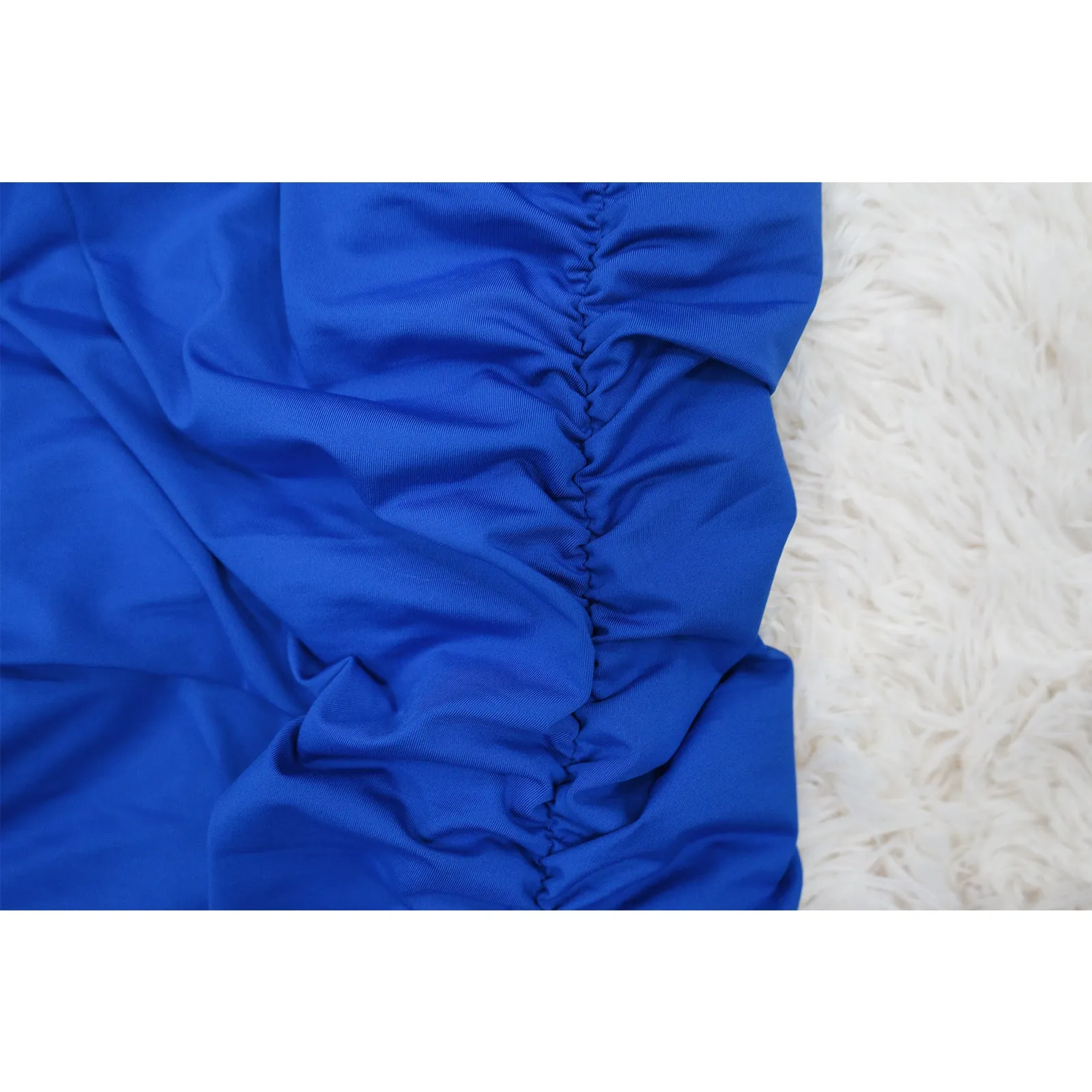Momnfancy Blue Ruched Off Shoulder Cross Chest Elegant Bodycon Baby Shower Maternity Midi Dress