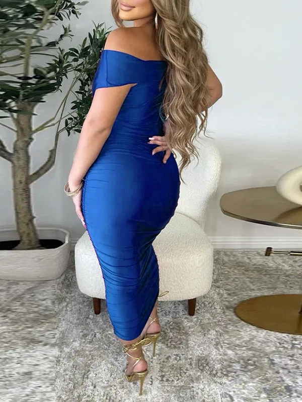 Momnfancy Blue Ruched Off Shoulder Cross Chest Elegant Bodycon Baby Shower Maternity Midi Dress
