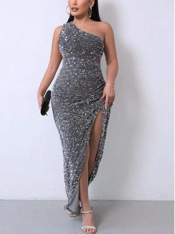 Momnfancy Silver Ruched One Shoulder Side Slit Photoshoot Photography Bodycon Pregnancy Maternity Maxi Dress
