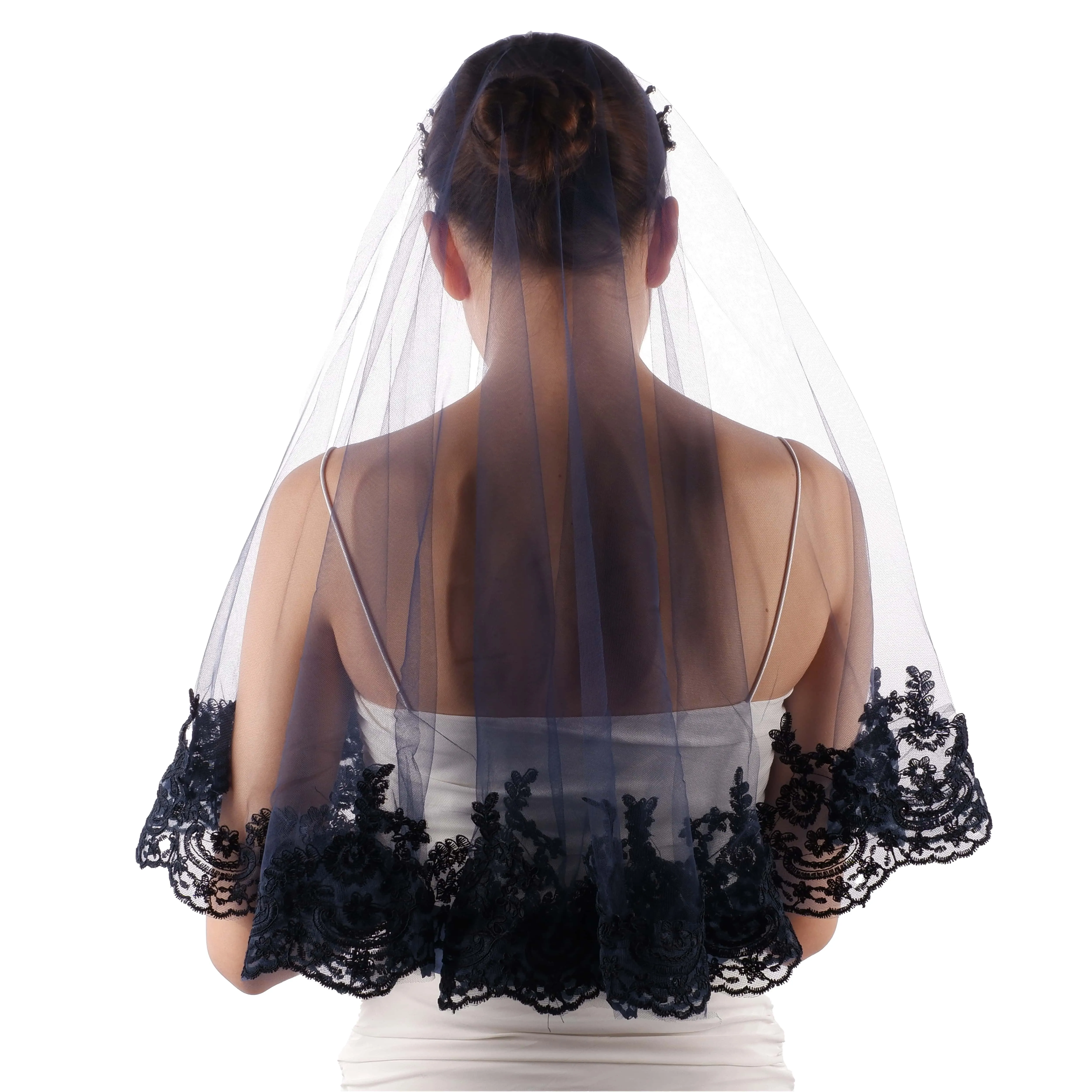 Navy Blue Lace Bridal Veil - Elegant Face Cover for Engagement and Henna Night