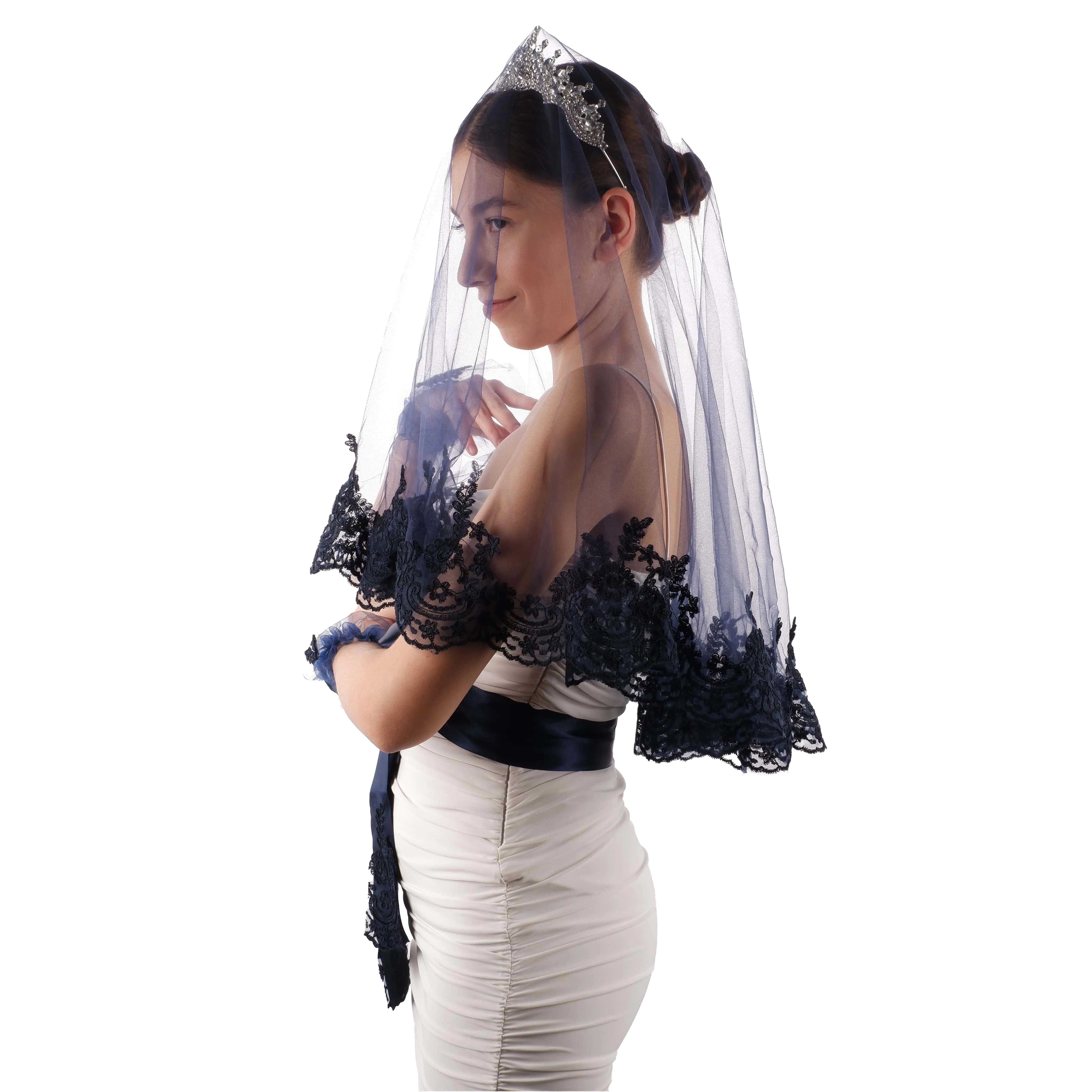 Navy Blue Lace Bridal Veil - Elegant Face Cover for Engagement and Henna Night