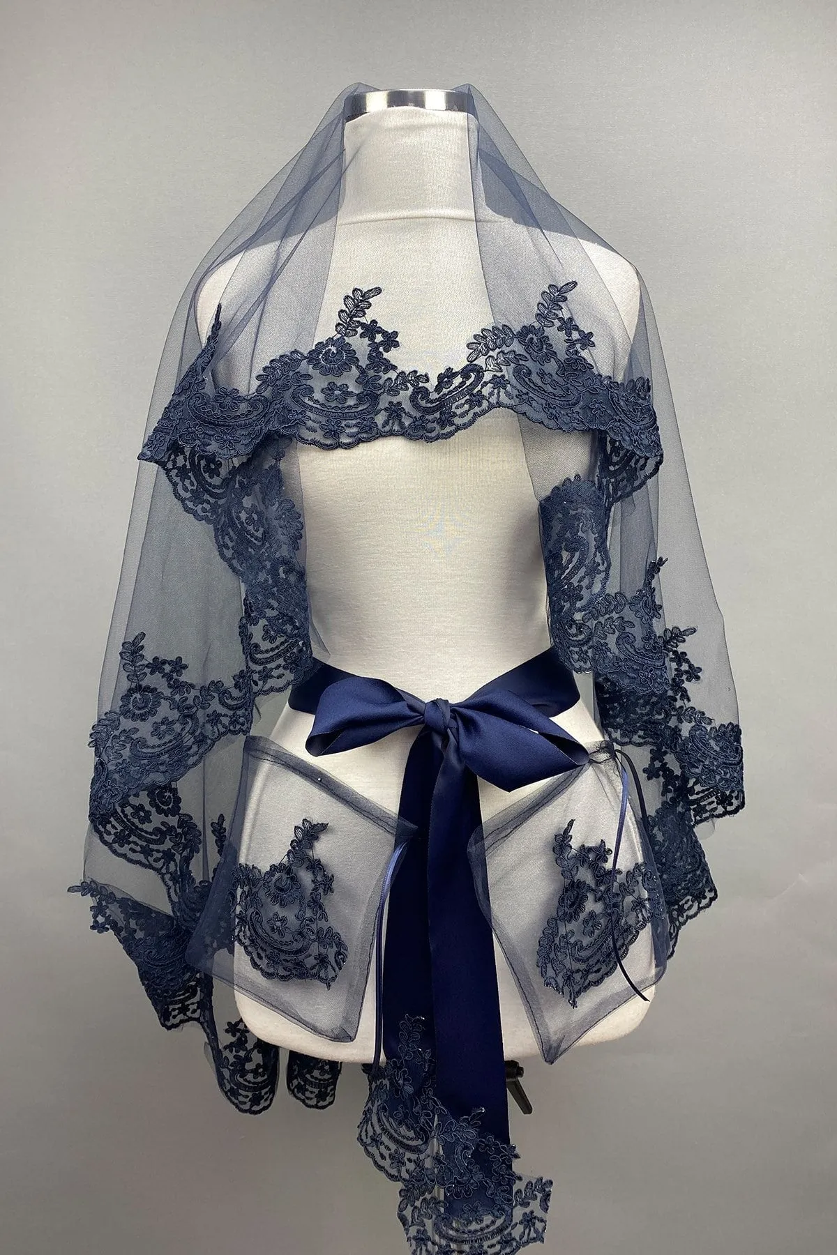 Navy Blue Lace Bridal Veil - Elegant Face Cover for Engagement and Henna Night