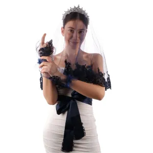 Navy Blue Lace Bridal Veil - Elegant Face Cover for Engagement and Henna Night