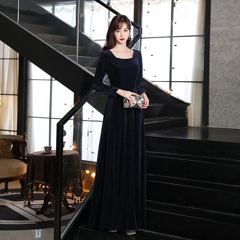 Navy Blue Long Floor Length Velvet Bridesmaid Dresses, Blue Evening Dress Prom Dress
