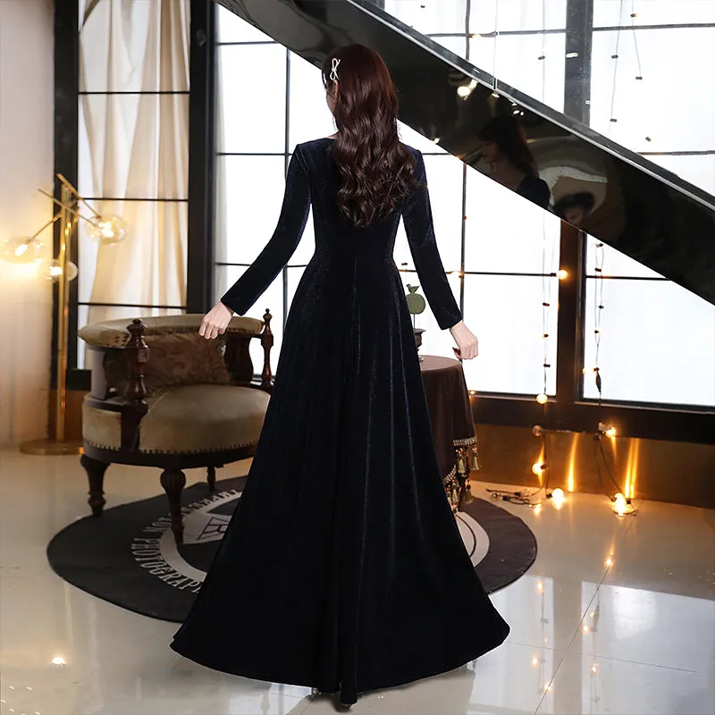 Navy Blue Long Floor Length Velvet Bridesmaid Dresses, Blue Evening Dress Prom Dress