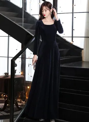 Navy Blue Long Floor Length Velvet Bridesmaid Dresses, Blue Evening Dress Prom Dress