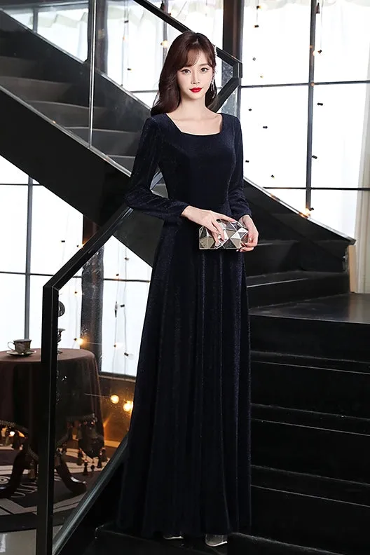 Navy Blue Long Floor Length Velvet Bridesmaid Dresses, Blue Evening Dress Prom Dress