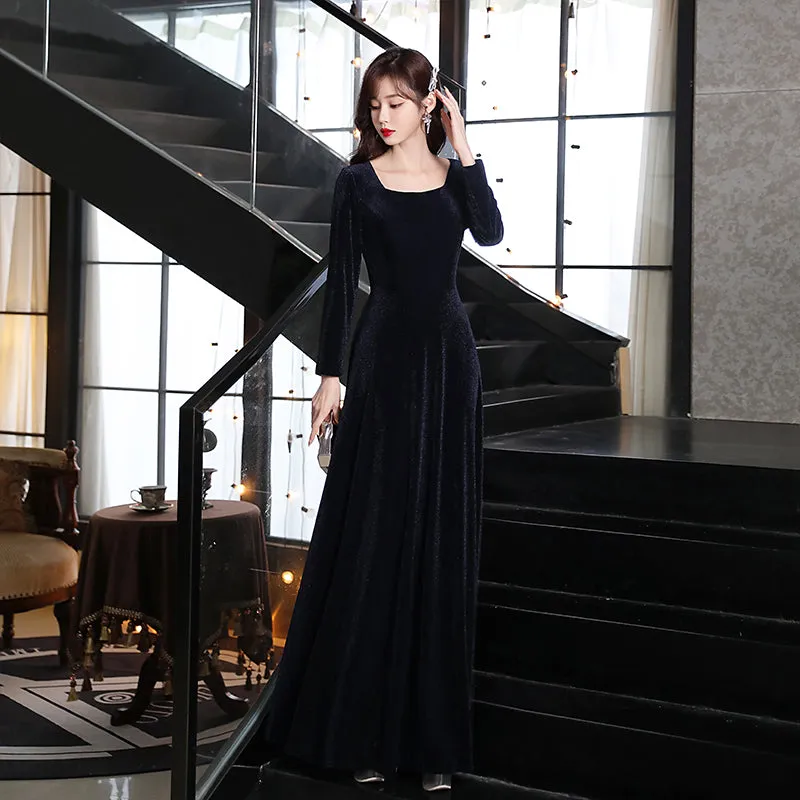 Navy Blue Long Floor Length Velvet Bridesmaid Dresses, Blue Evening Dress Prom Dress