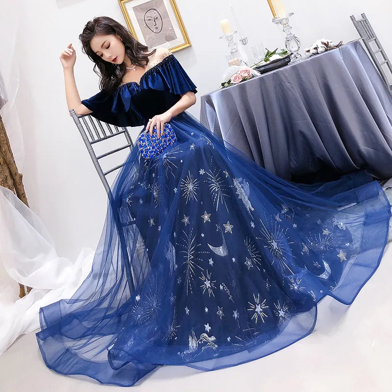 Navy Blue Velvet and Tulle Floor Length Evening Dress Party Dress, Blue Junior Prom Dresses