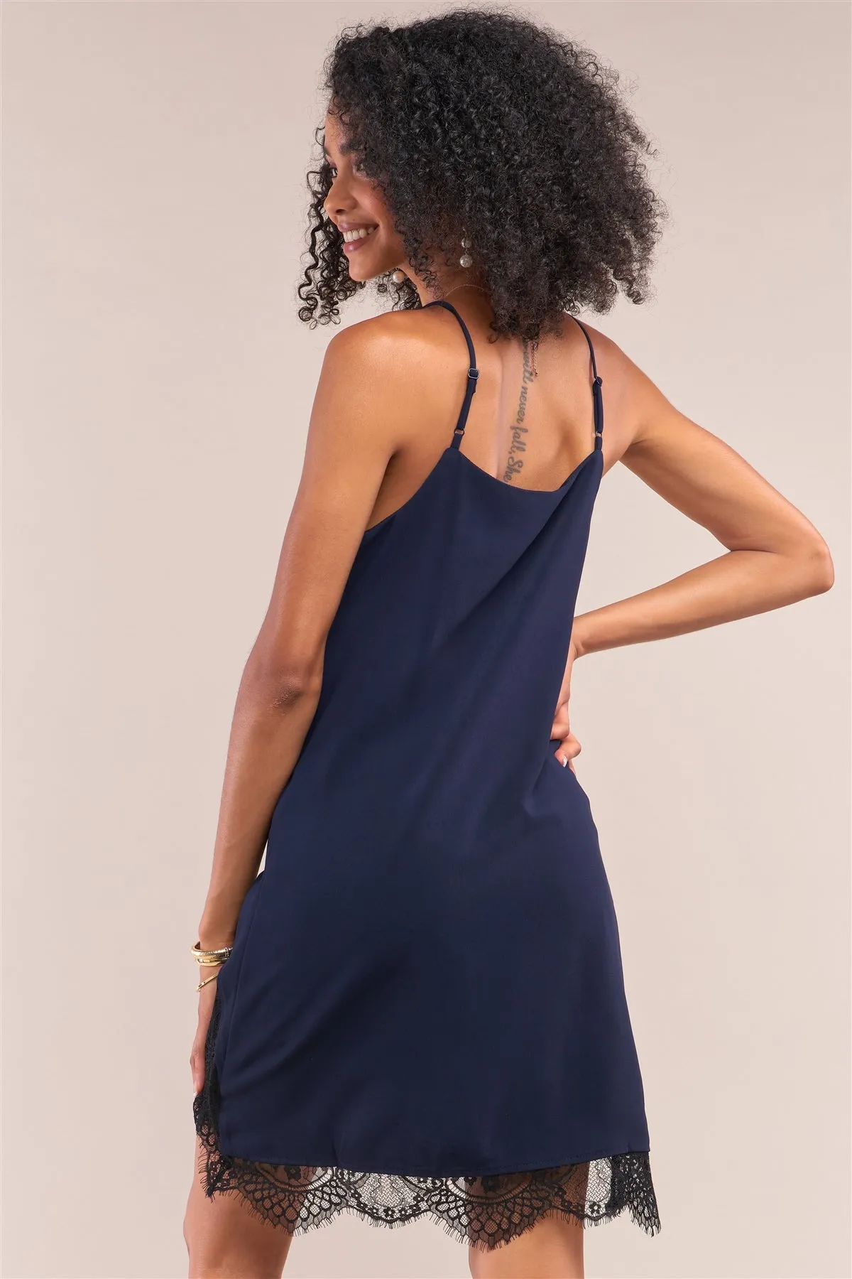 Navy Halter Neck Sleeveless Front Self-tie Lace Trim Slip Mini Dress
