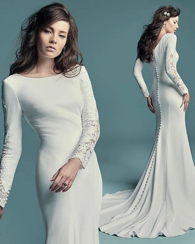 New 2019 Satin Wedding Dresses with Full Sleeve Lace Modest Mermaid Wedding Gown for Brides