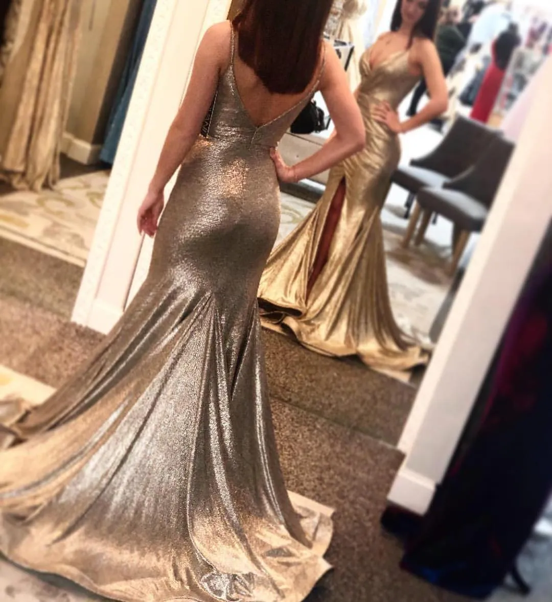 Newest Spaghetti Strap Silver Shinny Satin Mermaid Long Cheap Prom Dresses, PDS0108