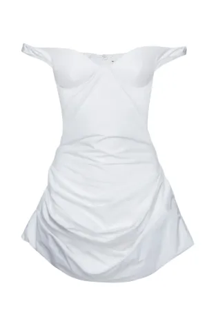 Off Shoulder Draped Cotton Mini Dress | White