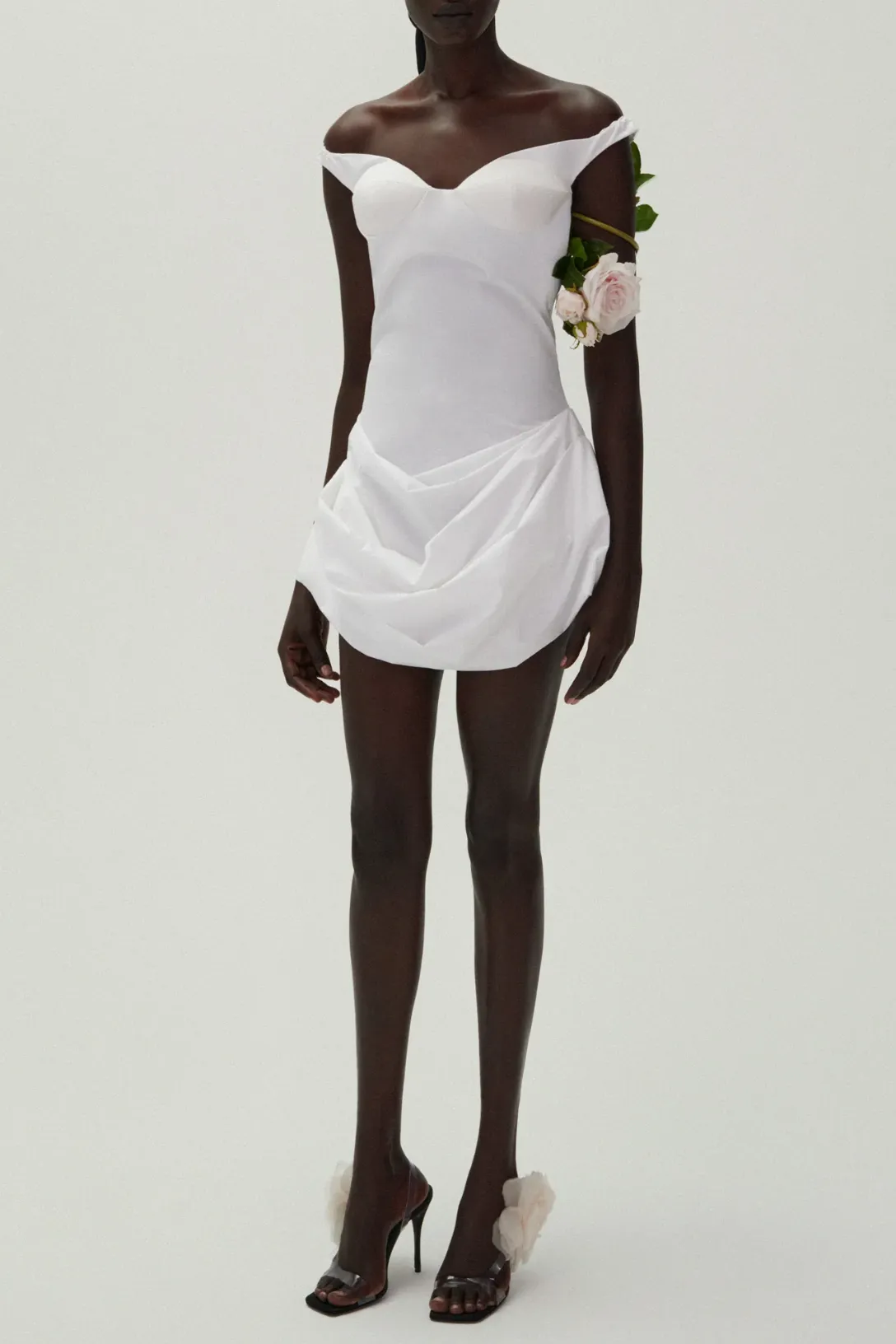 Off Shoulder Draped Cotton Mini Dress | White
