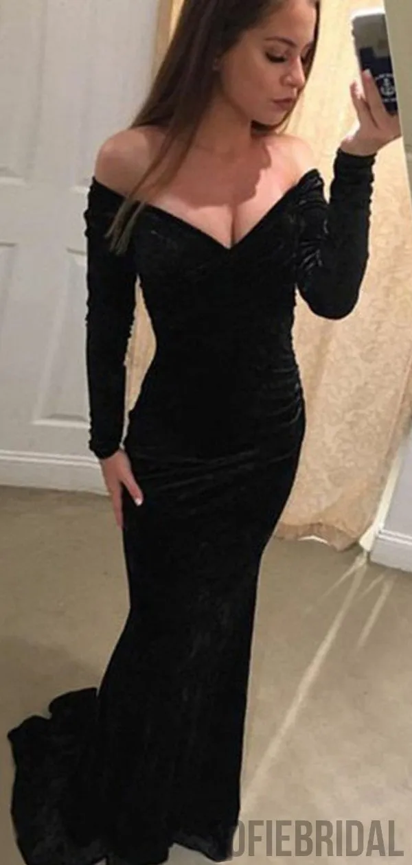 Off Shoulder Long Sleeves Mermaid Black Velvet Prom Dresses, PD0861
