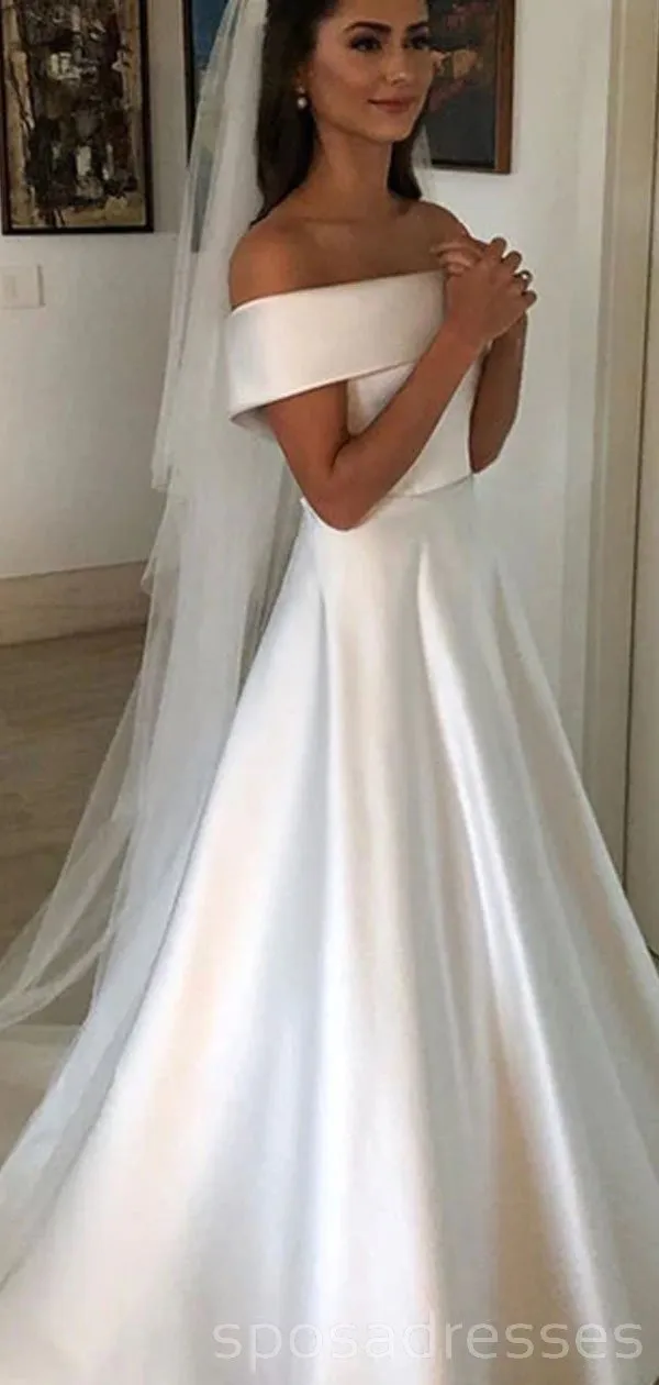 Off Shoulder Simple Satin A-line Cheap Wedding Dresses Online, Cheap Bridal Dresses, WD512