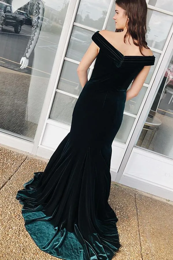 Off the Shoulder Dark Green Velvet Evening Dress
