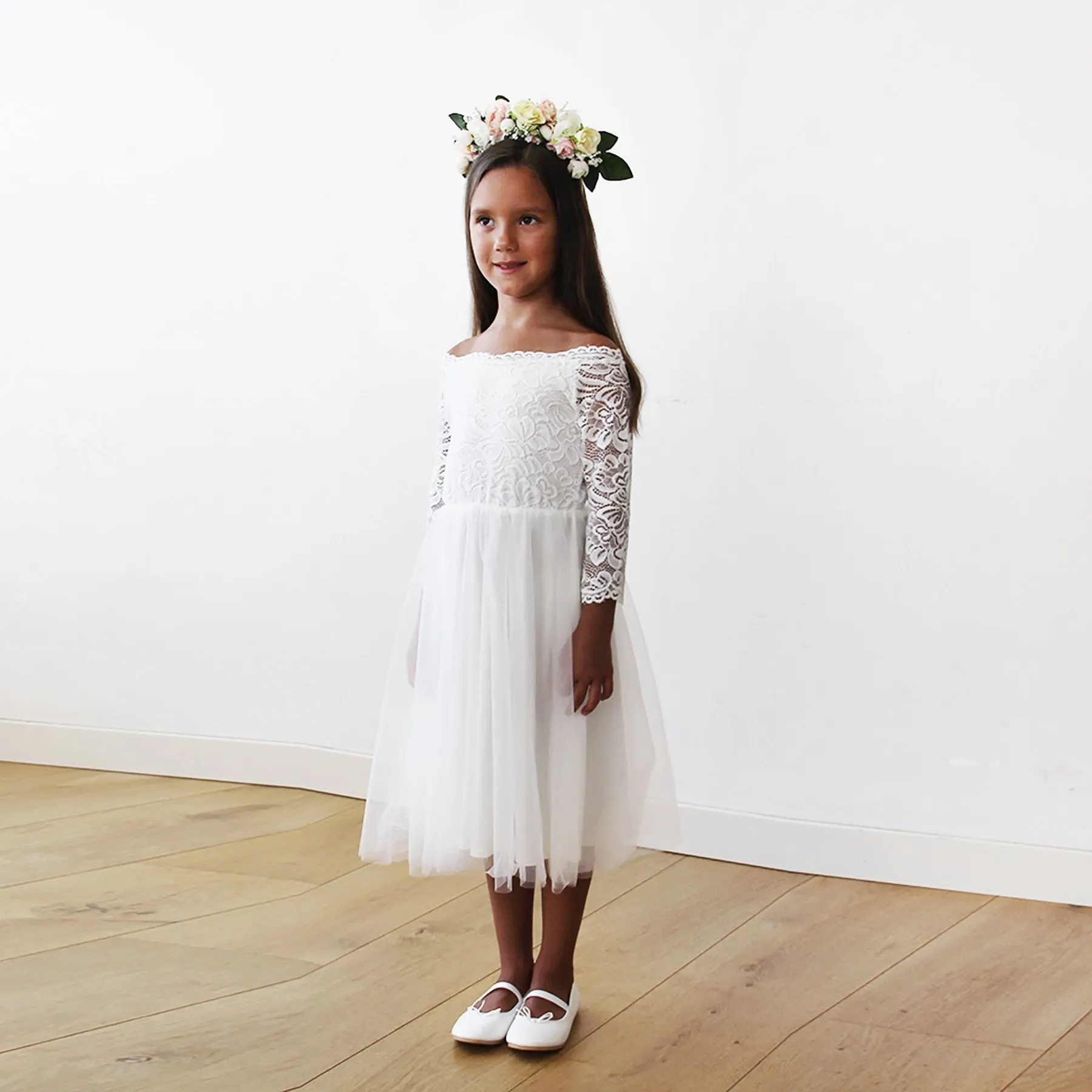Off-The-Shoulder Ivory Lace & Tulle Midi Girls Gown #5041