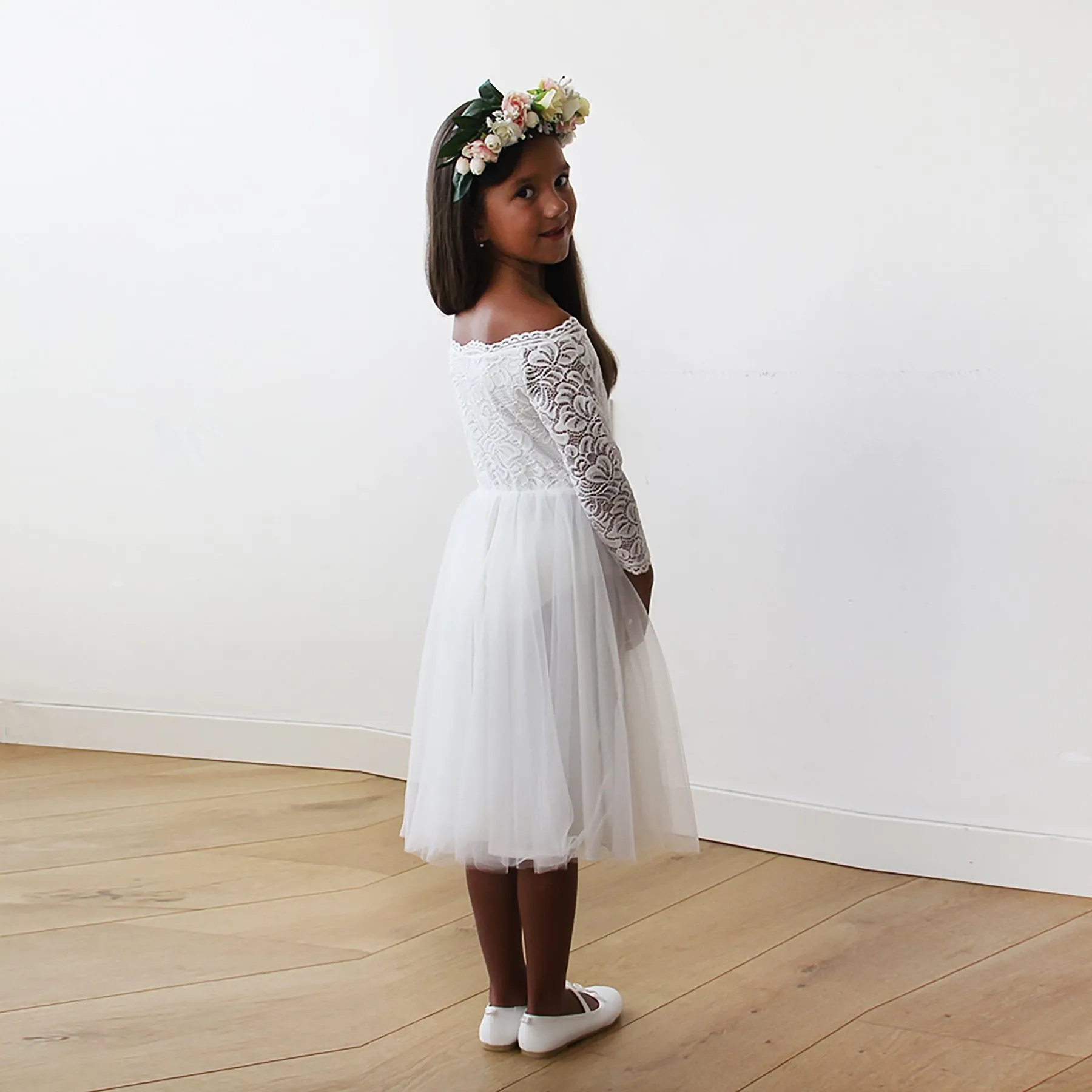 Off-The-Shoulder Ivory Lace & Tulle Midi Girls Gown #5041