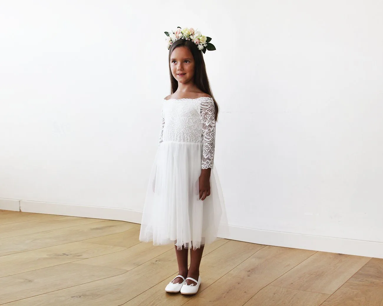 Off-The-Shoulder Ivory Lace & Tulle Midi Girls Gown #5041
