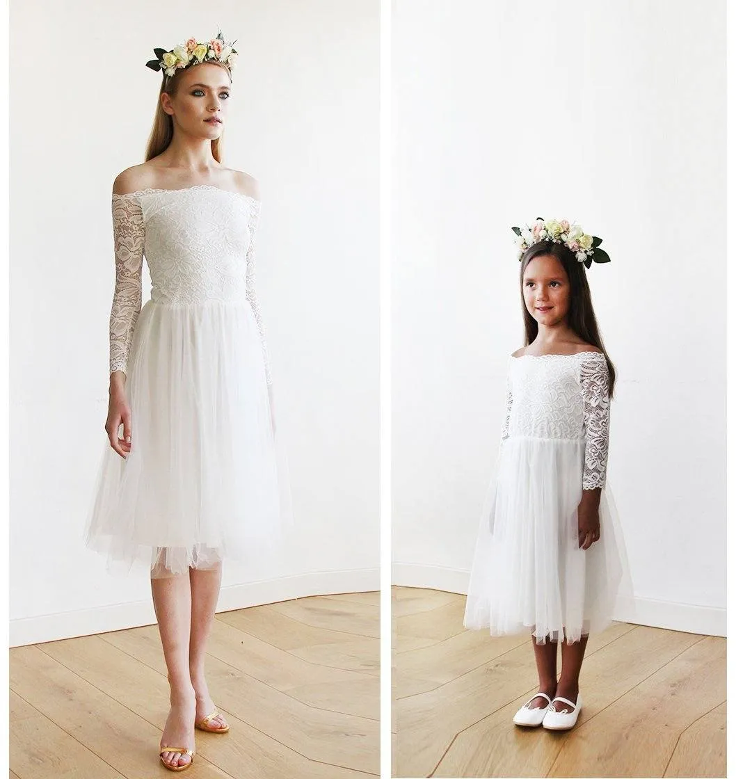 Off-The-Shoulder Ivory Lace & Tulle Midi Girls Gown #5041