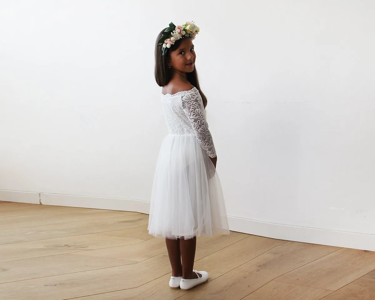 Off-The-Shoulder Ivory Lace & Tulle Midi Girls Gown #5041