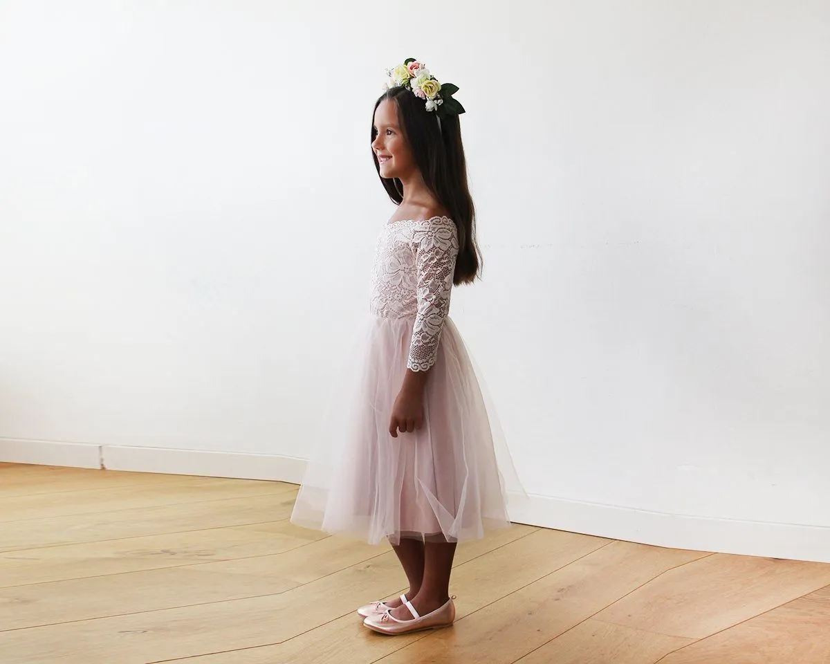 Off-The-Shoulder Pink Lace & Tulle Midi Girls Gown #5041