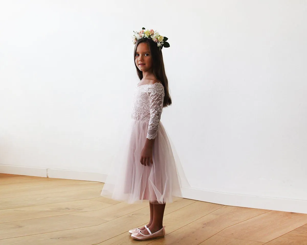 Off-The-Shoulder Pink Lace & Tulle Midi Girls Gown #5041