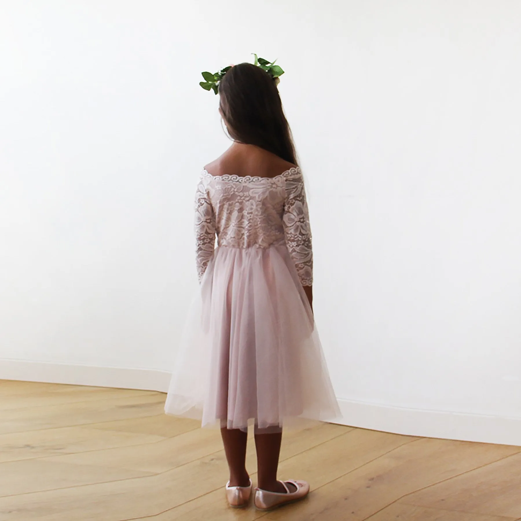 Off-The-Shoulder Pink Lace & Tulle Midi Girls Gown #5041