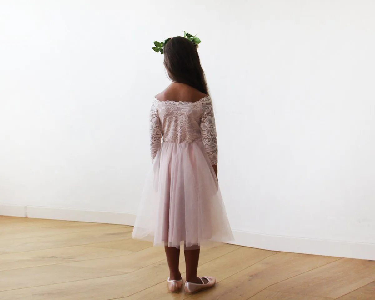 Off-The-Shoulder Pink Lace & Tulle Midi Girls Gown #5041