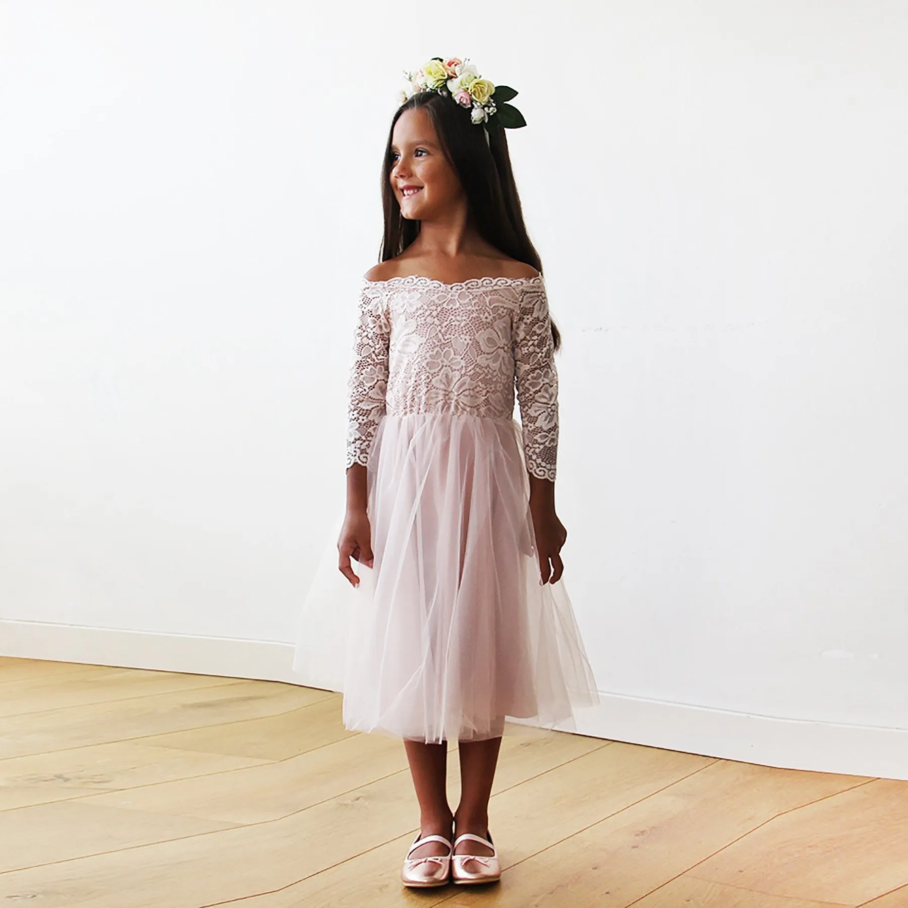 Off-The-Shoulder Pink Lace & Tulle Midi Girls Gown #5041
