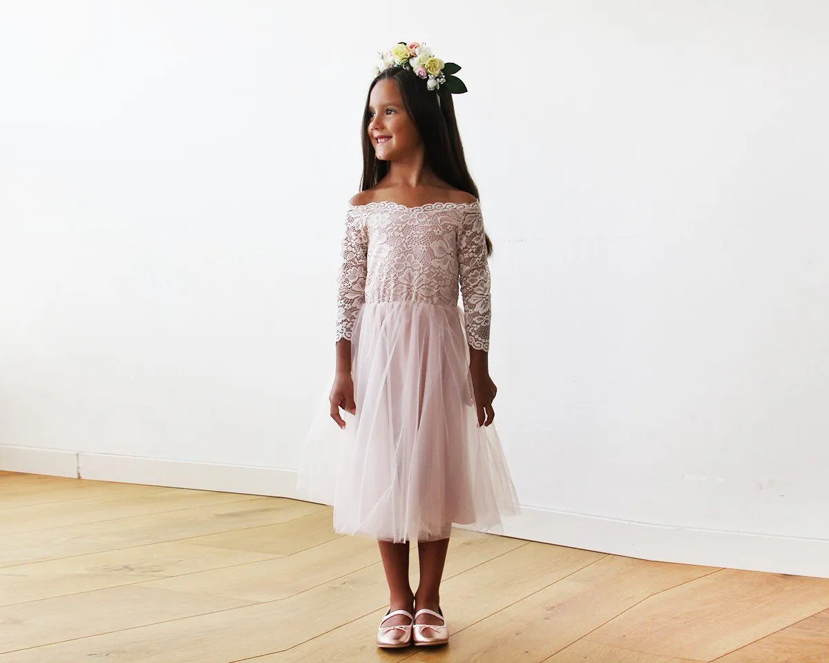 Off-The-Shoulder Pink Lace & Tulle Midi Girls Gown #5041