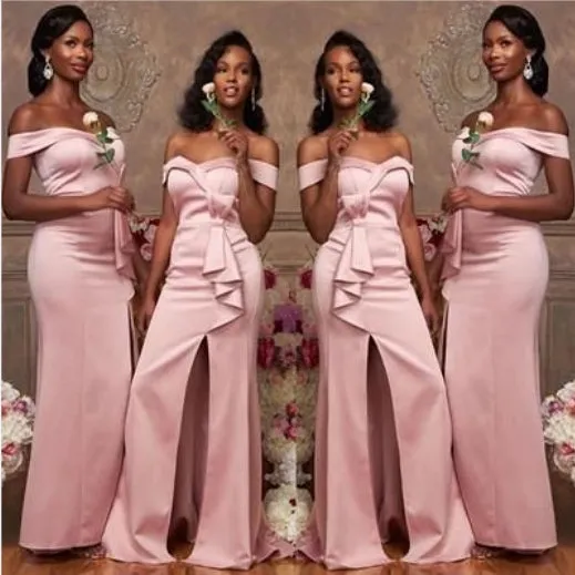 Off the Shoulder Pink Satin Bridesmaid Dresses Long Wedding Guest Dress