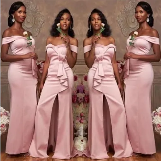 Off the Shoulder Pink Satin Bridesmaid Dresses Long Wedding Guest Dress