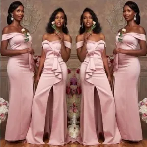 Off the Shoulder Pink Satin Bridesmaid Dresses Long Wedding Guest Dress