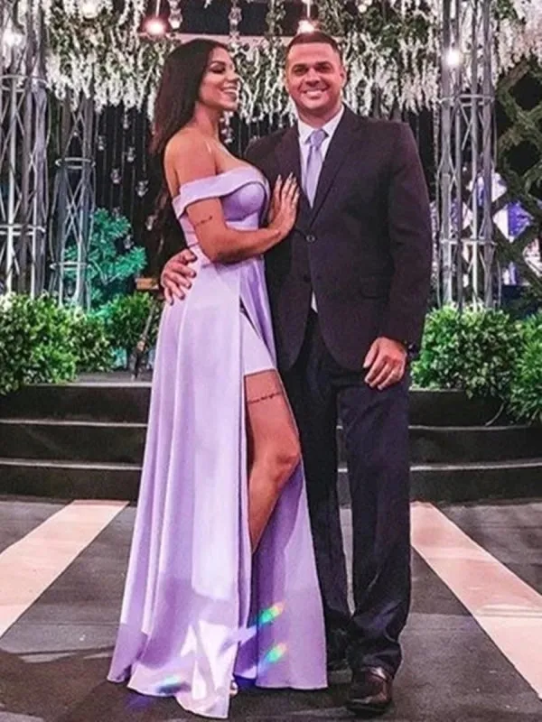 Off the Shoulder Purple Long Prom with High Slit, Off Shoulder Purple Formal, Purple Evening