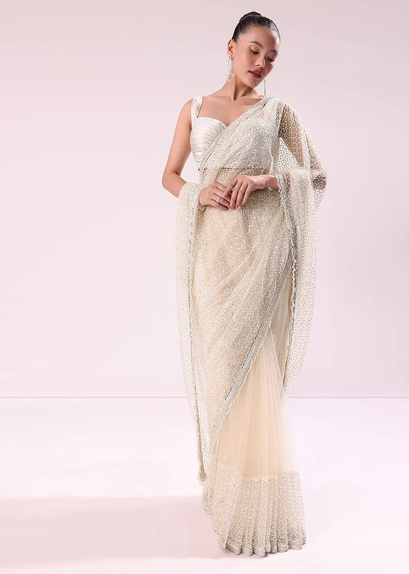 Off White Fancy Sequence Net Saree With Pleated Stitched