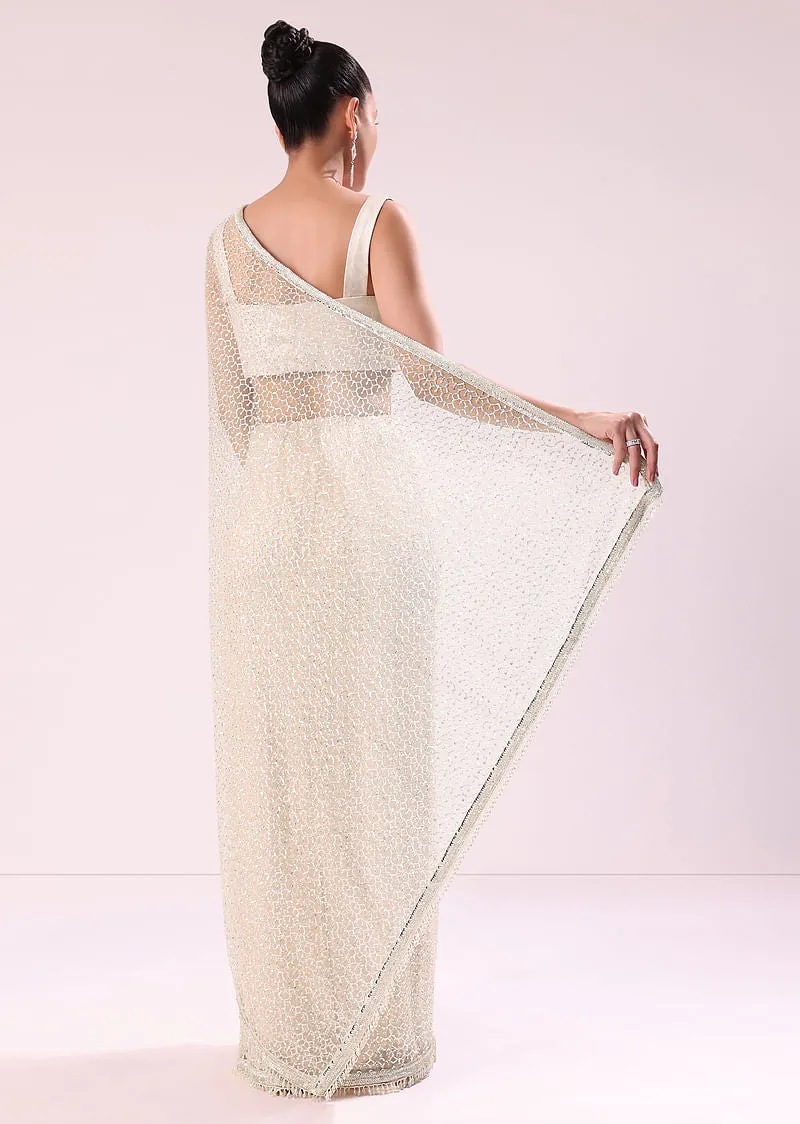 Off White Fancy Sequence Net Saree With Pleated Stitched