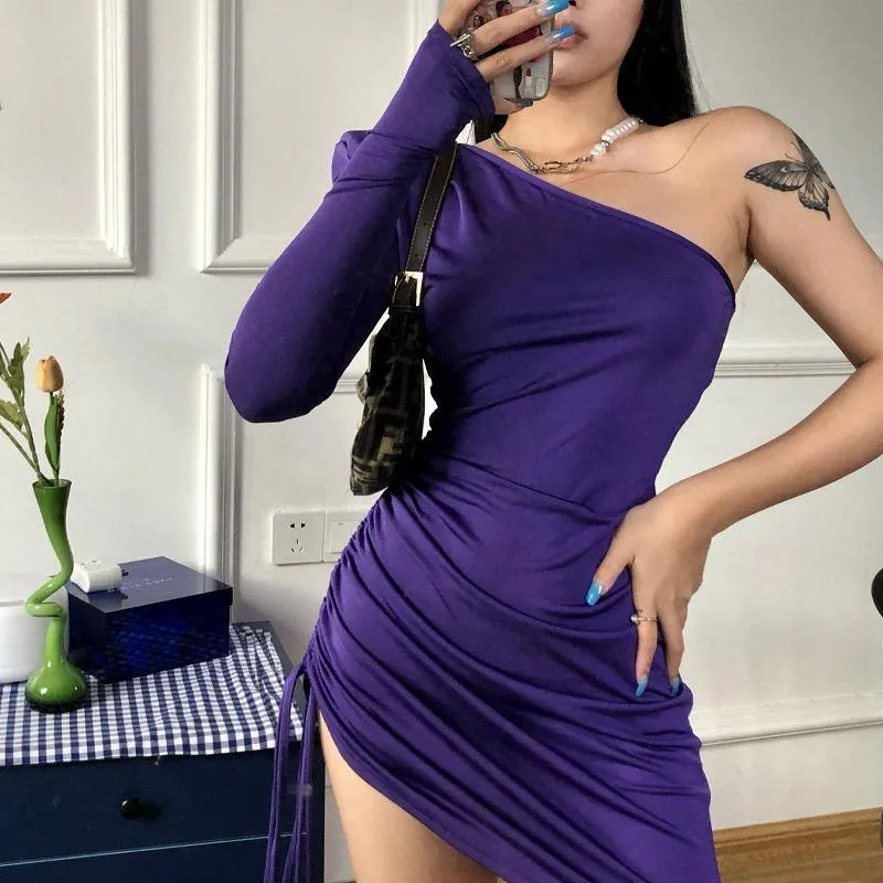 One Shoulder Bodycon Drawstring Mini Dress