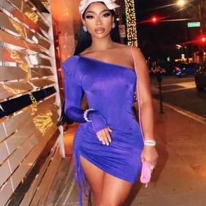 One Shoulder Bodycon Drawstring Mini Dress
